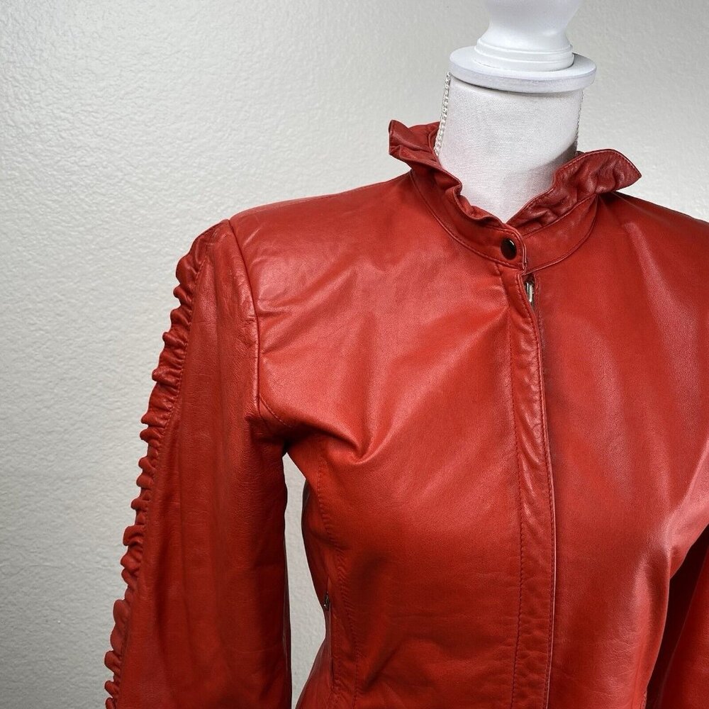 Vintage Triangles - Tannery West Jacket Womens Red Sz 5 Leather Ruffle 80's 90's - Picture 5 of 16